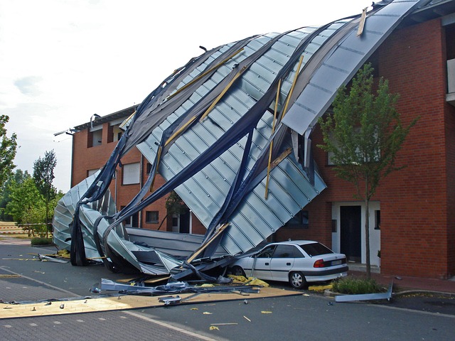 A roof falling over the side of a building
