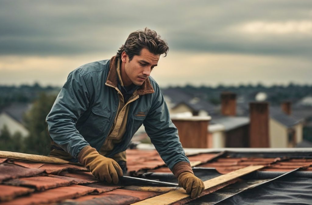 A handyman repairing a roof.