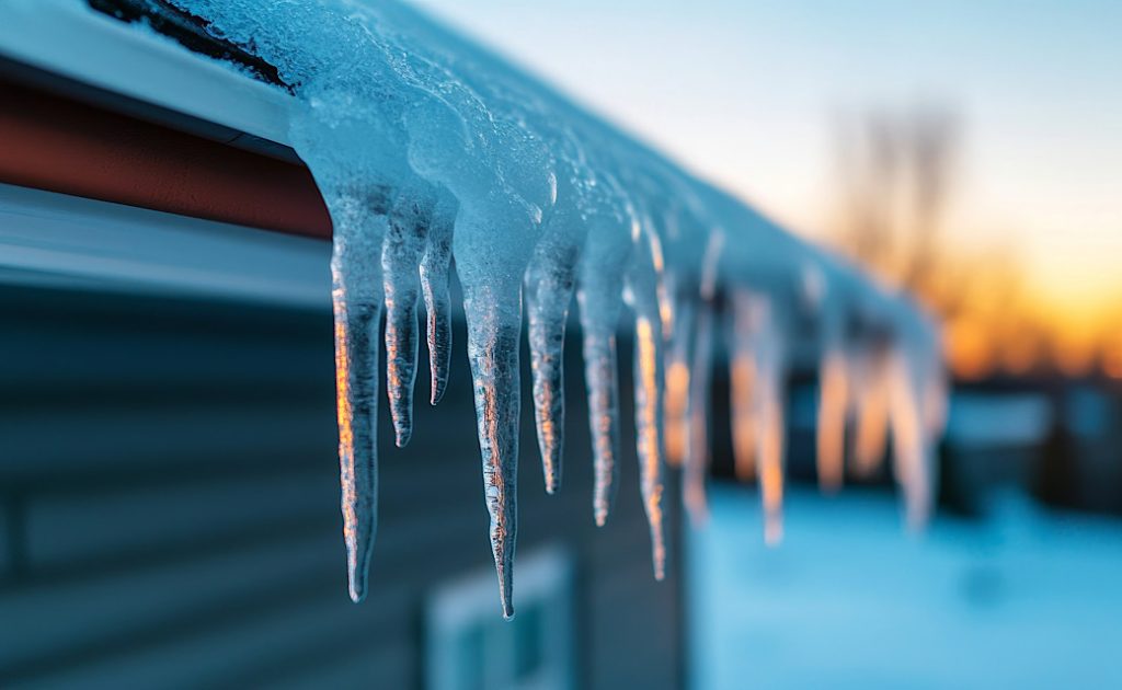 Ice dam forming on a roof with water dripping down winter roofing issues home damage risk
