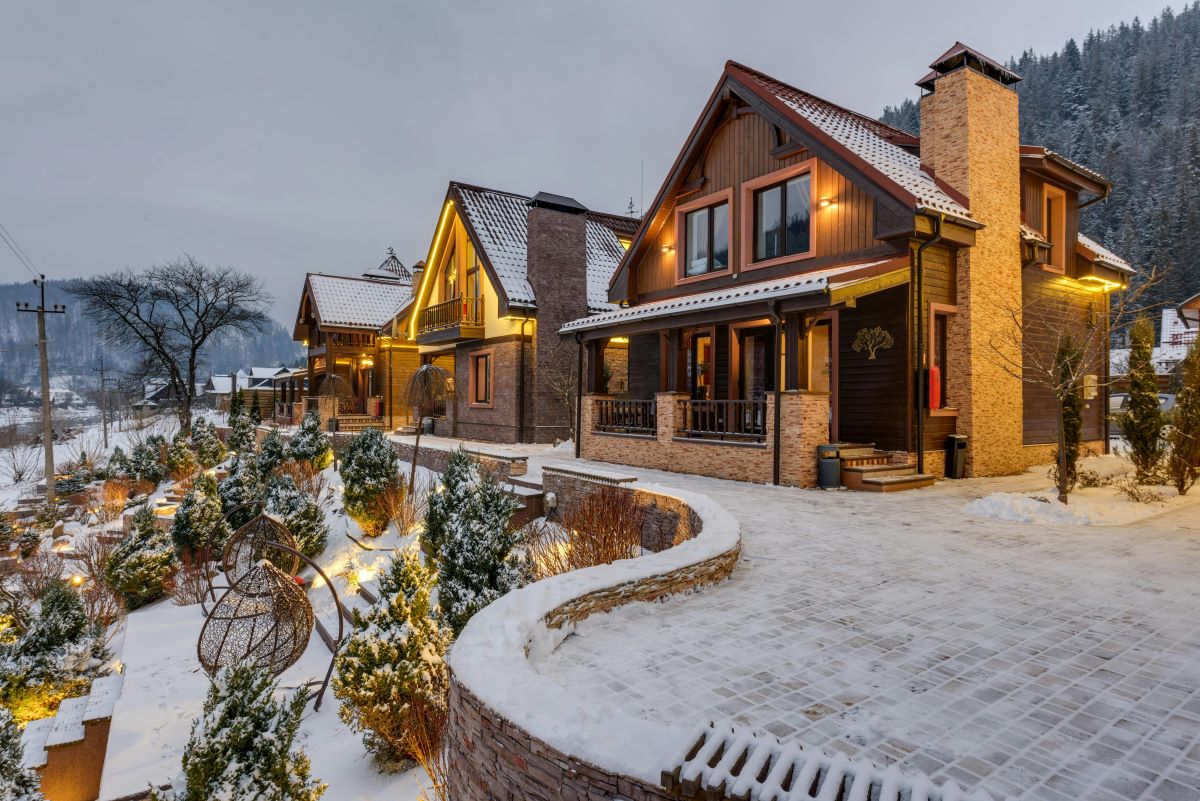 Modern houses covered in snow