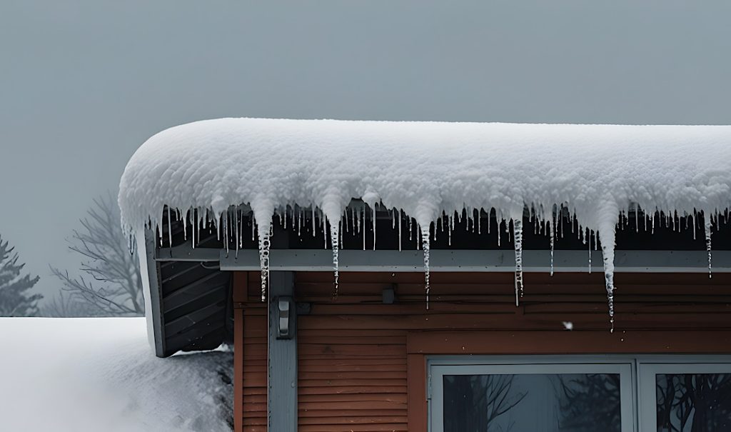 Roof covered in a thick layer of snow, with icicles hanging from the edge in Denver, CO.